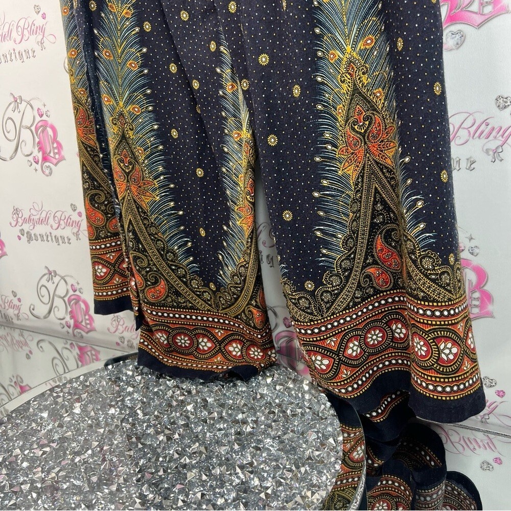 Pants wide leg flowy flare Thailand Bohemian Wide-Leg Pants with Paisley Print - Picture 3 of 14